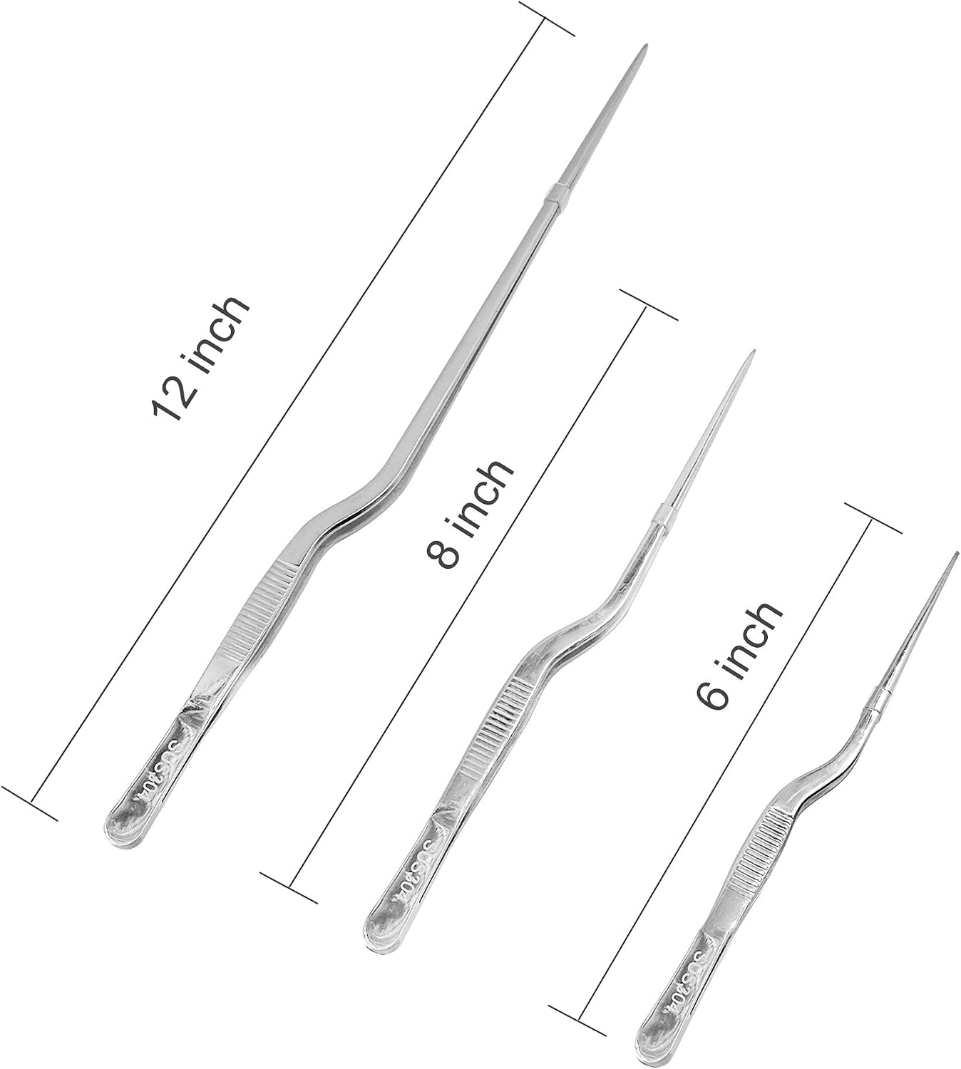 3 Pack Stainless Steel Offset Tweezer Culinary, 12" 8" 6" Kitchen Tweezers for Cooking, Chefs Precision Tweezers for Cooking