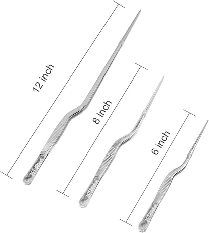 3 Pack Stainless Steel Offset Tweezer Culinary, 12" 8" 6" Kitchen Tweezers for Cooking, Chefs Precision Tweezers for Cooking