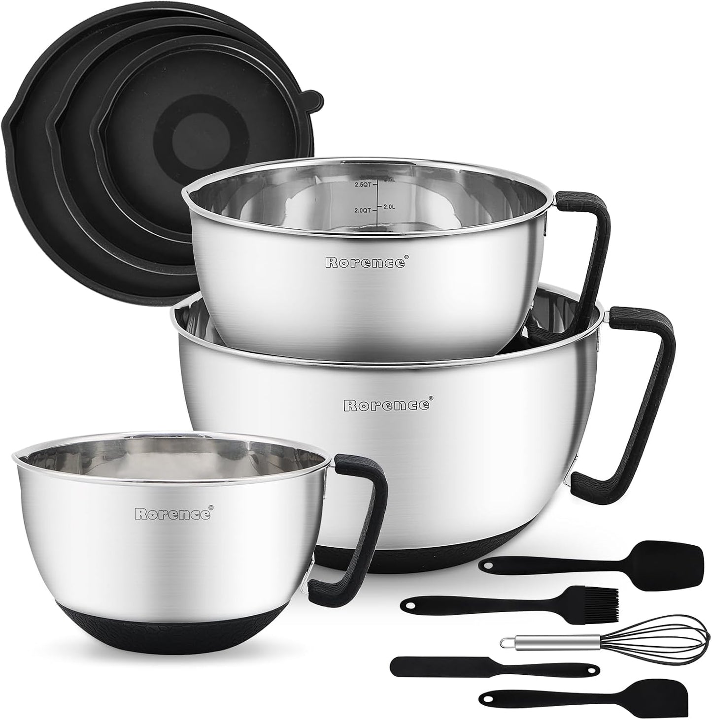 Rorence Stainless Steel Mixing Bowls: Metal Mixing Bowl Set with Lids and Handles Non-slip Silicone Bottom Nesting Bowls for Kitchen Set of 3 - Red