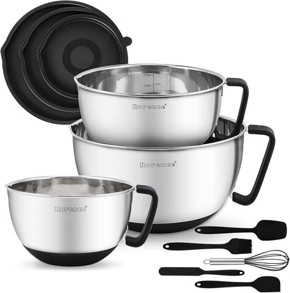 Rorence Stainless Steel Mixing Bowls: Metal Mixing Bowl Set with Lids and Handles Non-slip Silicone Bottom Nesting Bowls for Kitchen Set of 3 - Red