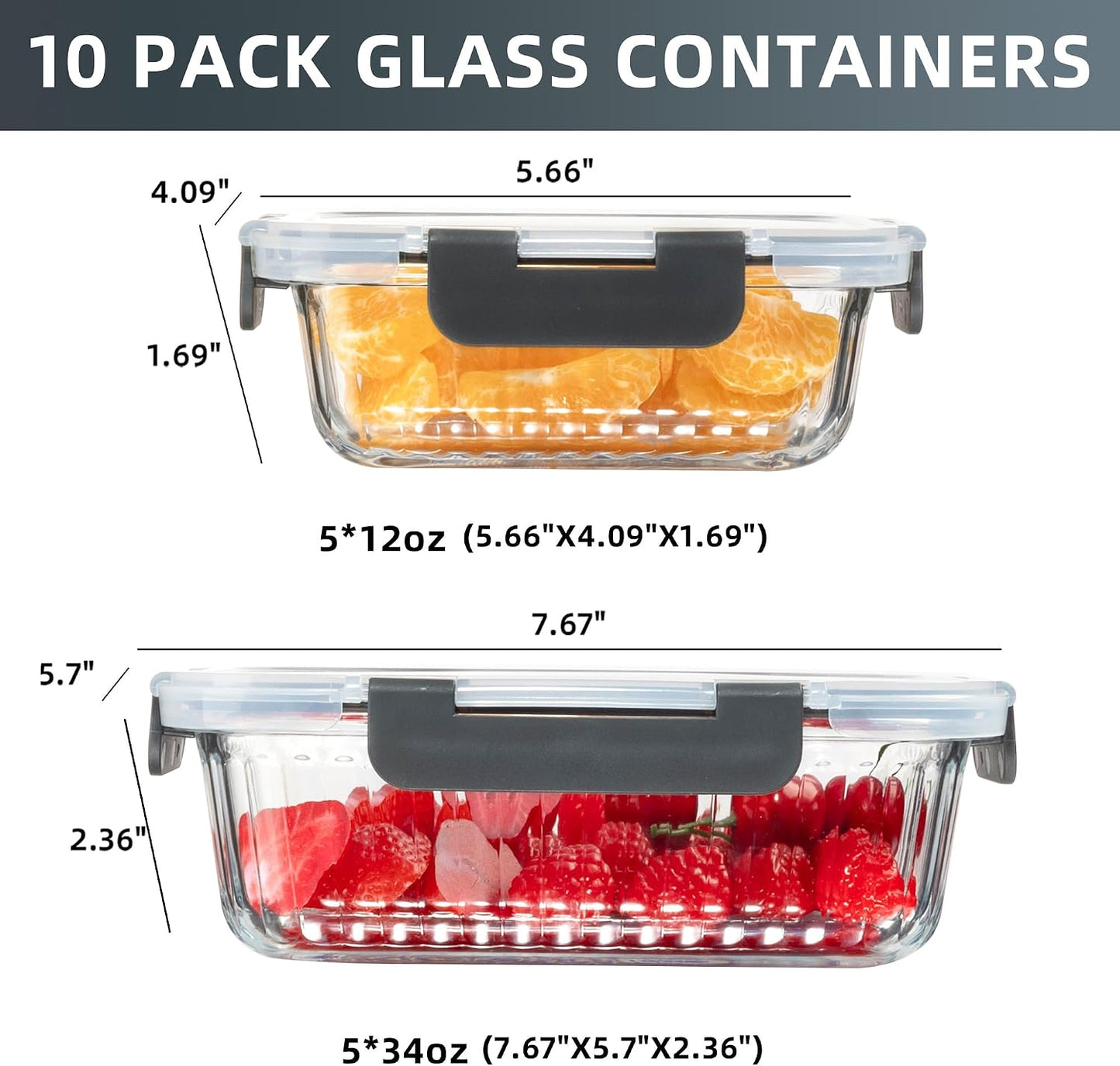 10 Pack Glass Food Storage Containers with Lids (34oz & 12oz) - Airtight, Leakproof, Meal Prep Containers for Kitchen - Dishwasher, Microwave, Oven, Freezer Safe High Borosilicate Glass (Pink)