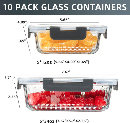 10 Pack Glass Food Storage Containers with Lids (34oz & 12oz) - Airtight, Leakproof, Meal Prep Containers for Kitchen - Dishwasher, Microwave, Oven, Freezer Safe High Borosilicate Glass (Pink)