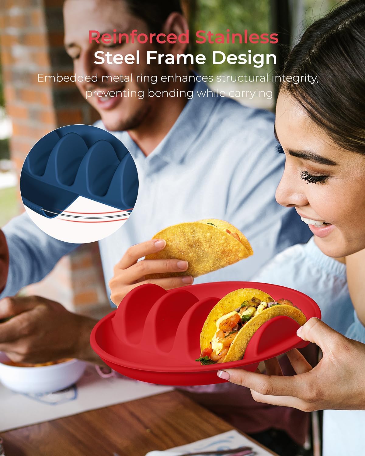 3Pack Silicone Taco Plates with Metal Reinforced Frame, AODISTUCE Silicone Taco Holders with 4 Dividers, Reusable Taco Shell Holder Taco Tray Taco Bar Serving Set for Party Taco Night, Dishwasher-Safe