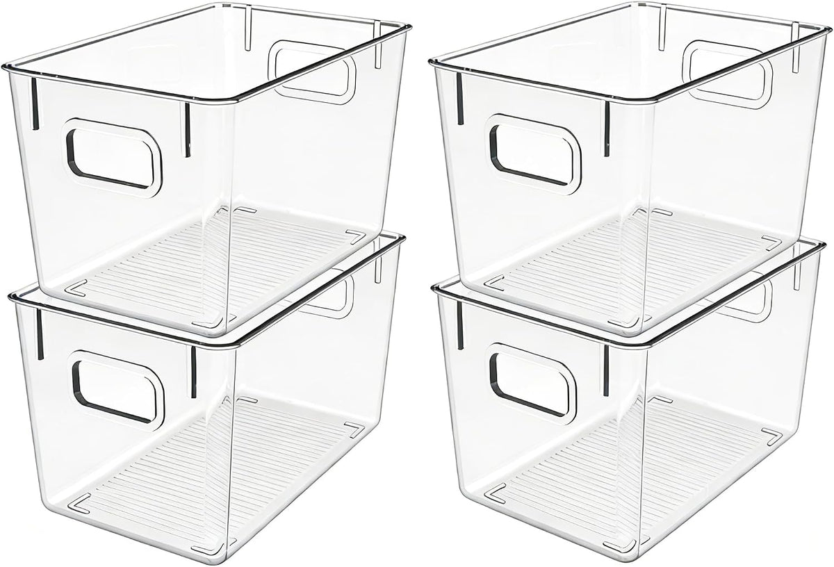 4 Pack Clear Plastic Storage Bins with Handles, Pantry Organizers & Storage Containers, Cabinet Organizer, Home Organization Must Haves for Kitchen, Laundry Room, Office, Closet, Garage & Freezer,L