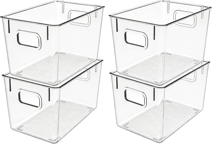 4 Pack Clear Plastic Storage Bins with Handles, Pantry Organizers & Storage Containers, Cabinet Organizer, Home Organization Must Haves for Kitchen, Laundry Room, Office, Closet, Garage & Freezer,L