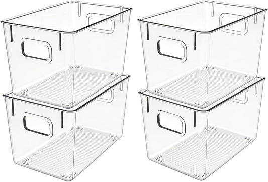4 Pack Clear Plastic Storage Bins with Handles, Pantry Organizers & Storage Containers, Cabinet Organizer, Home Organization Must Haves for Kitchen, Laundry Room, Office, Closet, Garage & Freezer,L