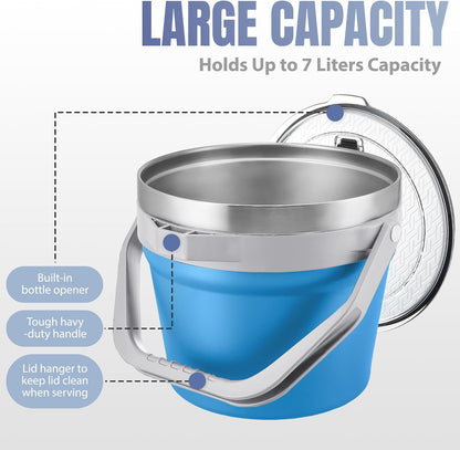 COKTIK 7L Vacuum Insulated Ice Bucket with Lid and Scoop& Tongs，Large capacity Stainless Steel Beverage Bucket for Cocktail, Champagne, Wine, Beer，Large Parties（Milk White Suit）