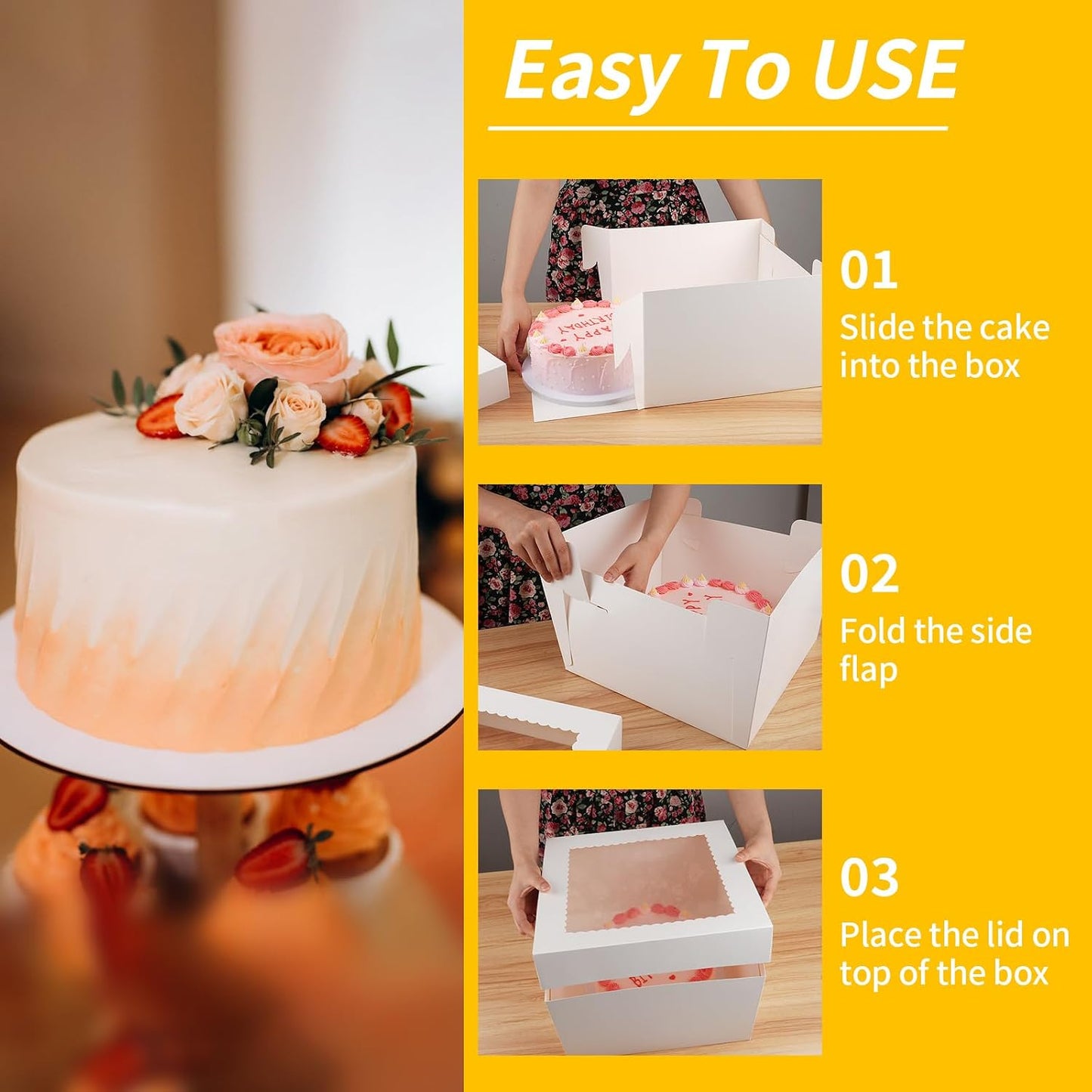 WINKIO 4 Pack Cake Boxes 12 Inch, Disposable Cake Transport Container, Cake Carrier, White Cake Holder with Large Window, for Bakery Cookies Pies Cupcakes Pastry (12×12×8 Inches)