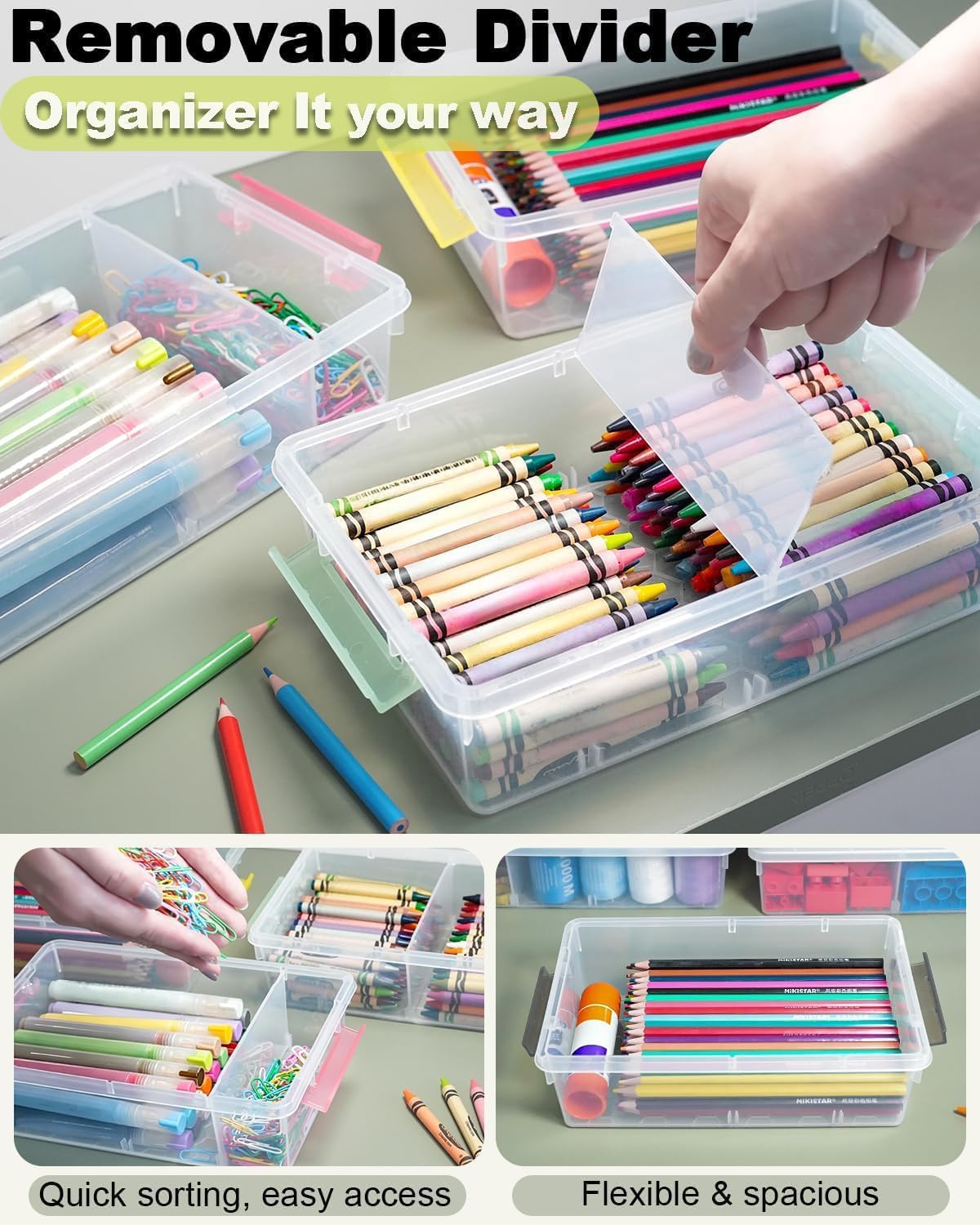 6 Pack Extra Large Pencil Box with Removable Divider, Thickened Pencil Case Bulk, Clear Crayon Marker Organizer Stackable Plastic Small Storage Containers for Pen Craft School Supplies(Grey)
