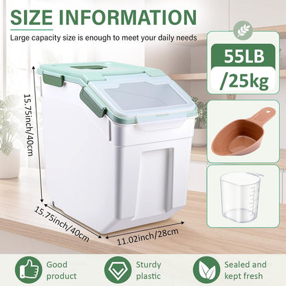 Umigy 4 Pcs 55lbs Large Dog Food Storage Container Rice Flour Bin Plastic Boxes with Measuring Cup Airtight Flour Grain Cereal Sugar Storage Container with Locking Lid and Wheels