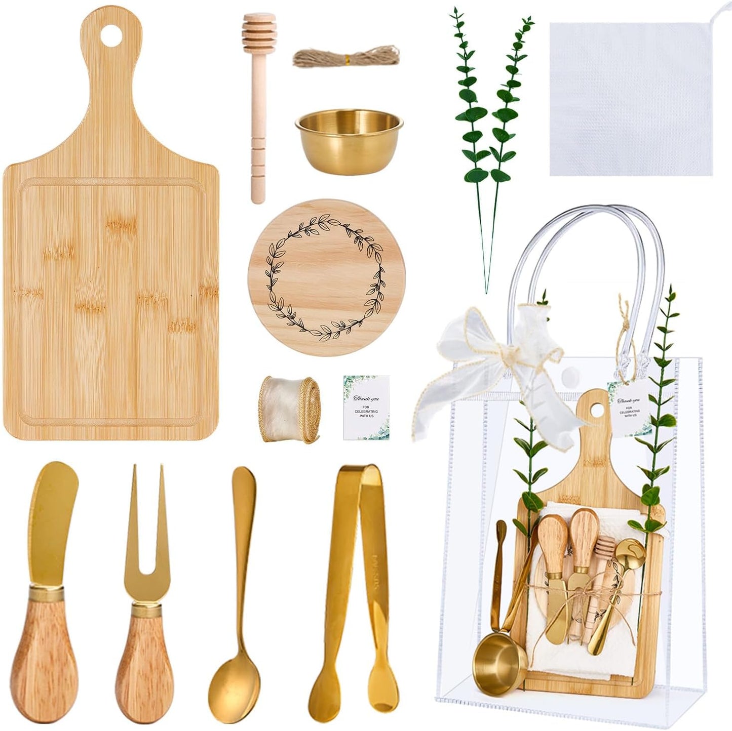 Baby Shower Prizes for Game Winners 6 Sets Cheese Board Honey Dipper Charcuterie Utensils Set Towel Thank You Card and Gift Bags for Baby Shower Wedding Bridal Shower Favors (6 Set-Bamboo, Silver)