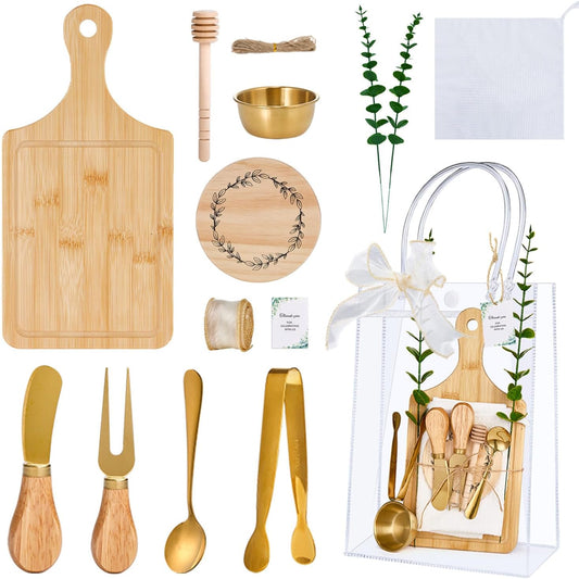 Baby Shower Prizes for Game Winners 6 Sets Cheese Board Honey Dipper Charcuterie Utensils Set Towel Thank You Card and Gift Bags for Baby Shower Wedding Bridal Shower Favors (6 Set-Bamboo, Silver)