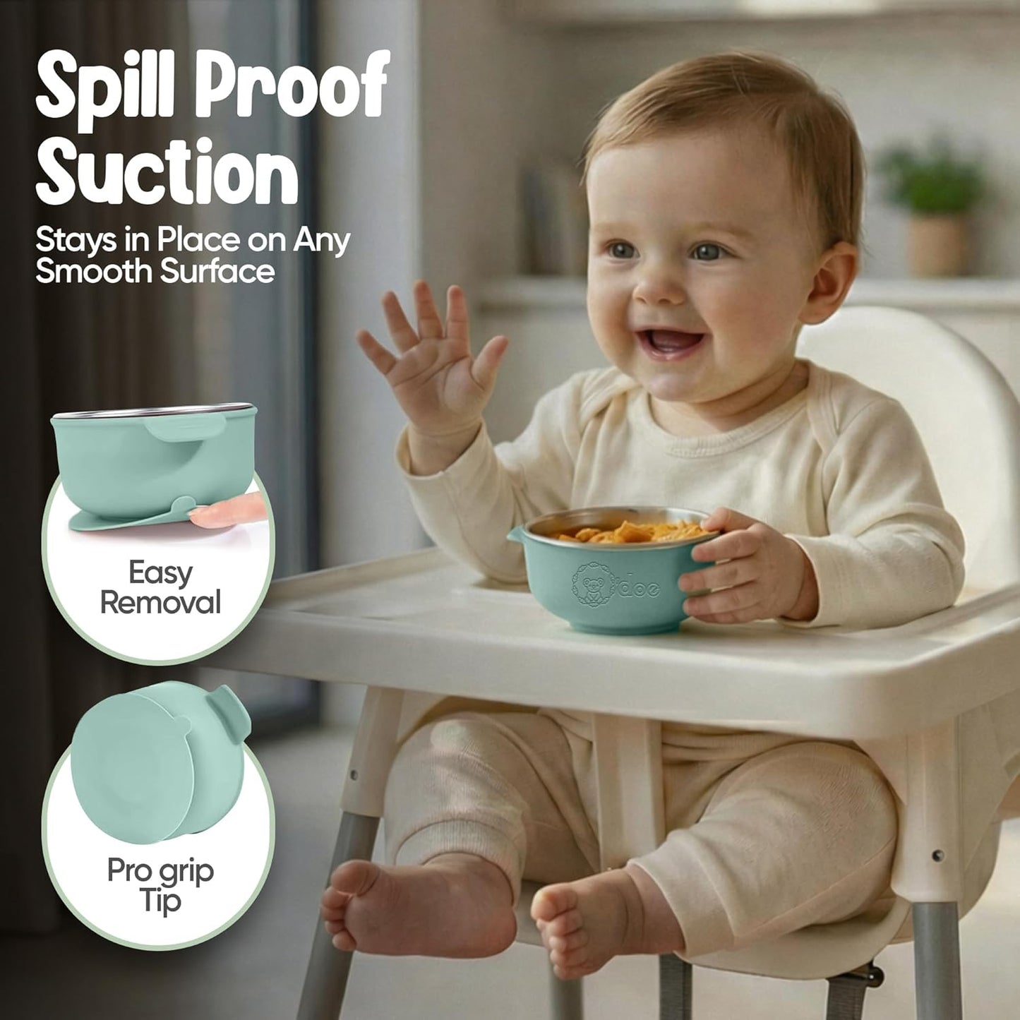 o'doe Suction Bowls for Baby - Non-Toxic Stainless Steel Baby Bowls 5" with Non-Slip Removable Silicone Shell - BPA-Free Toddler Bowls (Dark Blue + Powder Blue + Grey + Green)