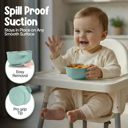 o'doe Suction Bowls for Baby - Non-Toxic Stainless Steel Baby Bowls 5" with Non-Slip Removable Silicone Shell - BPA-Free Toddler Bowls (Dark Blue + Powder Blue + Grey + Green)