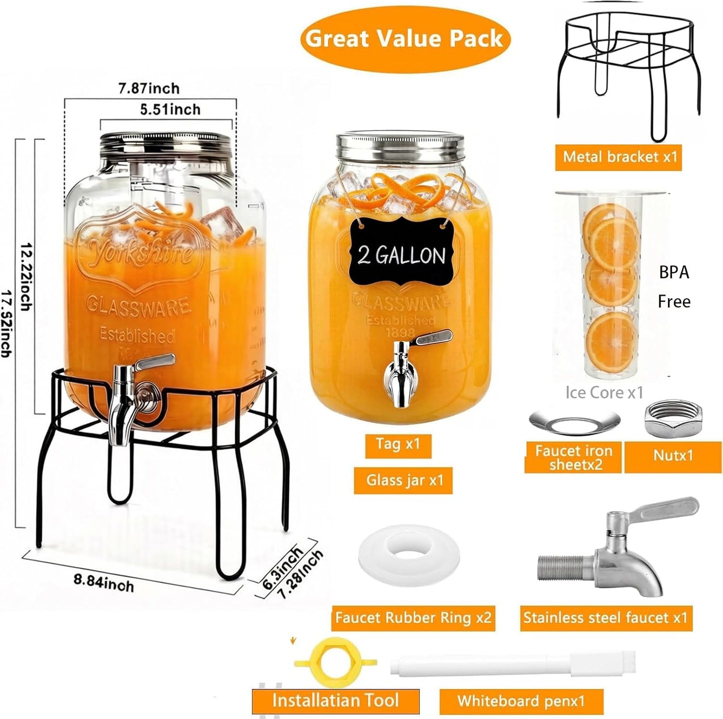 2 Gallon Glass Beverage/Drink Dispenser with Stand, Lid & Ice Core | Leakproof 18/8 Stainless Steel Spigot | Mason Jar Style for Party, Iced Tea, Outdoor & Home