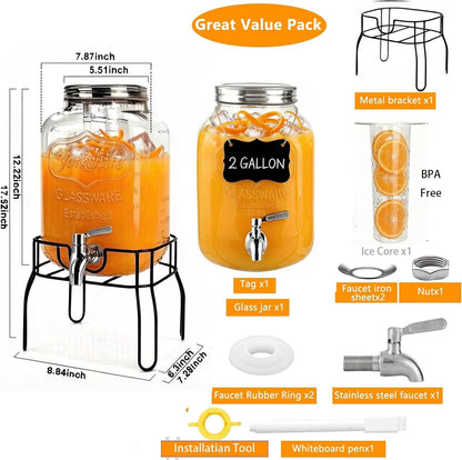2 Gallon Glass Beverage/Drink Dispenser with Stand, Lid & Ice Core | Leakproof 18/8 Stainless Steel Spigot | Mason Jar Style for Party, Iced Tea, Outdoor & Home