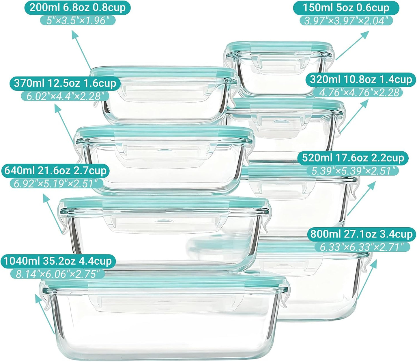 UNITED FLAMES 8-Piece Glass Food Storage Containers with Airtight Lids - High Borosilicate Glass Meal Prep Set - Oven, Microwave, & Freezer Safe - Leak-Proof Lunch Boxes for Kitchen, Office & Pantry