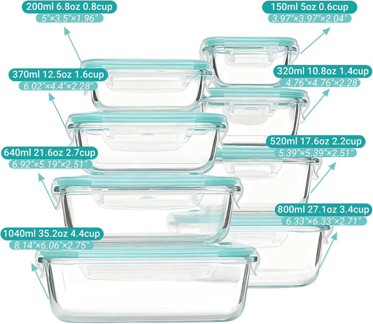 UNITED FLAMES 8-Piece Glass Food Storage Containers with Airtight Lids - High Borosilicate Glass Meal Prep Set - Oven, Microwave, & Freezer Safe - Leak-Proof Lunch Boxes for Kitchen, Office & Pantry