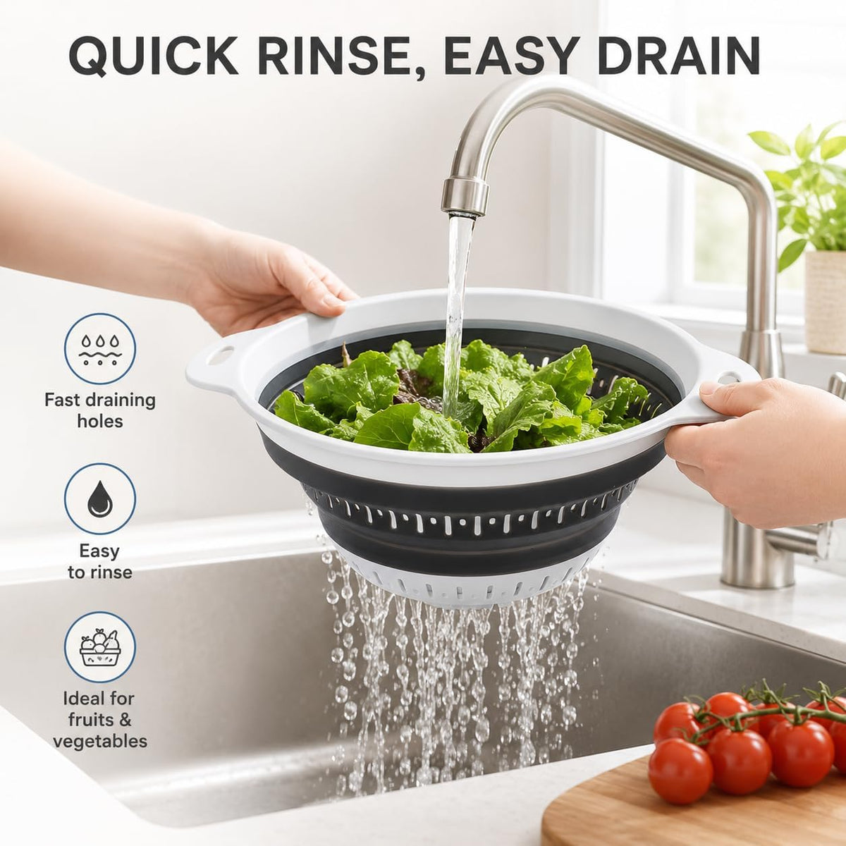 Collapsible Colander & Strainer, Space-Saving Silicone Basket, Round
