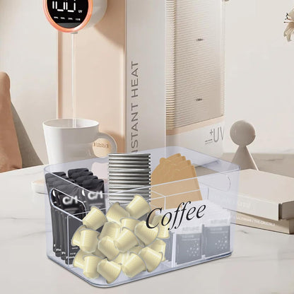 Coffee Bar Station Organizer,Clear Plastic Coffee Bar Accessories Bin with Removable 5-Compartment for Pods Condiment Syrup Tea Cups Stirrers,Coffees Pod Holder for Counter,Kitchen,Office