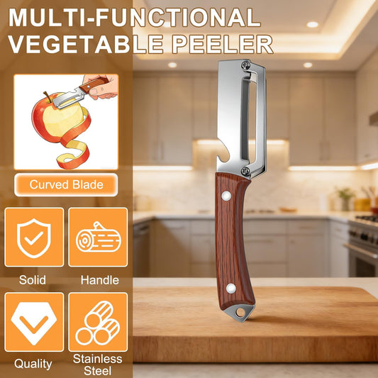 2PCS Premium Vegetable Peeler with Wooden Handle and Bottle Opener,Multifunctional 2-in-1 Stainless Steel Kitchen Tool for Potato Fruit Pineapple Pumpkin Papaya Carrot Vegetable Peeler(Mix)