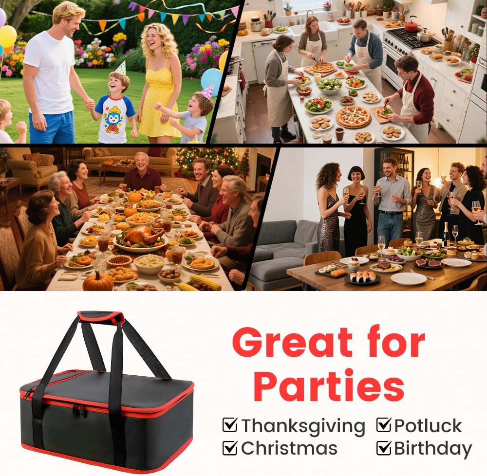 Insulated Resuable Casserole Carrier Bag for Hot or Cold Food, Foldable Portable Prep Carrier, Thermal Food Transport Bag for 9''x13'' & 11''x15'' Baking Pan, Travel Picnic Cake Dessert lunch, Black