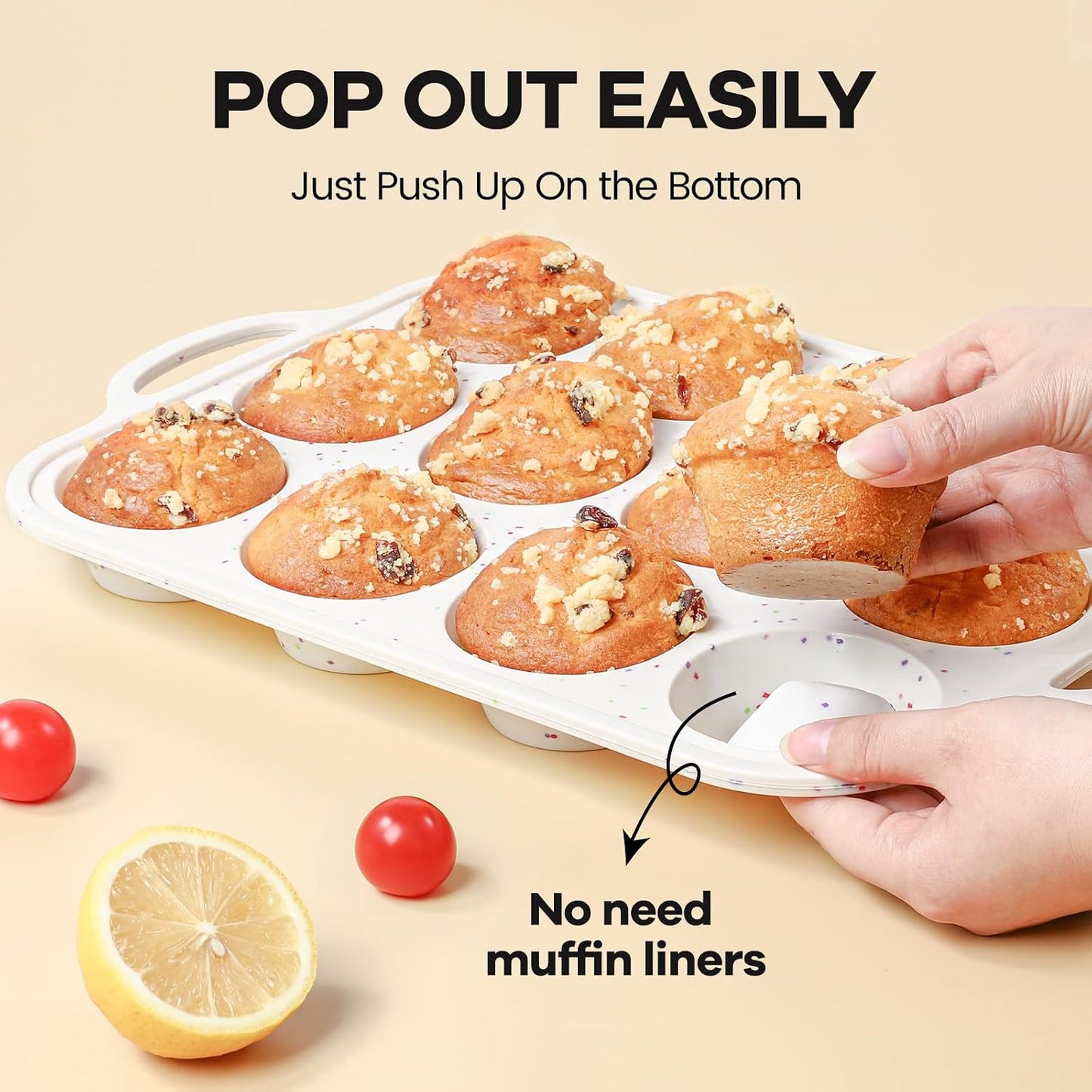 Silicone Muffin Pans With Metal Reinforced Frame - 24 Cups Durable Silicone Baking Pan for Muffins, Cupcakes, BPA Free and Dishwasher Safe - Beige with Rainbow Spots, Set of 2