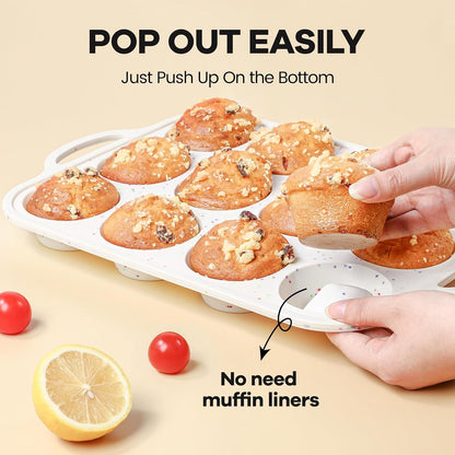 Silicone Muffin Pans With Metal Reinforced Frame - 24 Cups Durable Silicone Baking Pan for Muffins, Cupcakes, BPA Free and Dishwasher Safe - Beige with Rainbow Spots, Set of 2