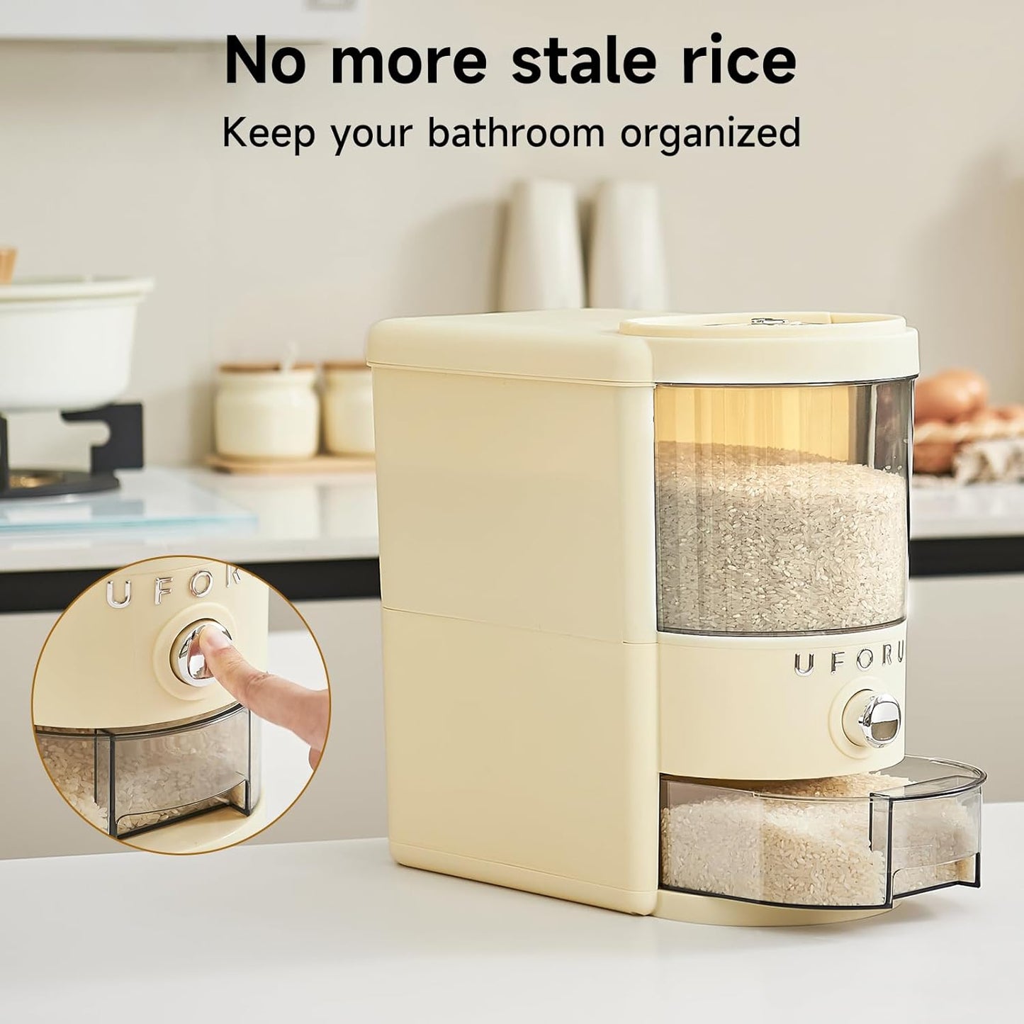 UFORU Rice Dispenser, Rice Storage Container with Measuring Cup for Kitchen Pantry Household, Dry Food Storage Containers Airtight, Sealed Moisture Proof (White 11Lbs)