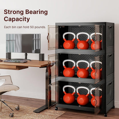 UAMFURI 720QT Stackable Storage Bins with Lids, Extra Large Storage Cabinet with Doors and Wheels, Collapsible Plastic Storage Box for Bedroom Dorm Office Garage