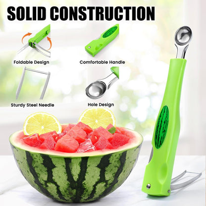 OLESBUR Premium Watermelon Cutter - 3 in 1 Watermelon Cutter Slicer Tool - Foldable Watermelon Slicer - Fruit Cutter for Kitchen Gadgets - Stainless Steel Watermelon Knife - Melon Baller Scoop