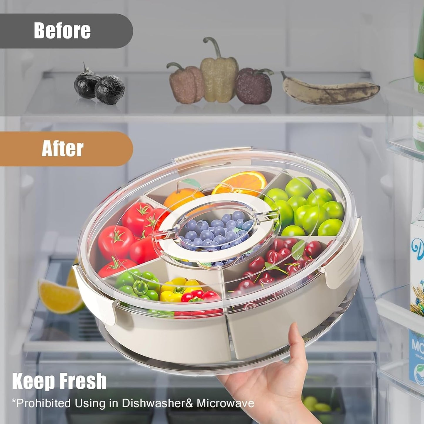 KEEPOW Divided Serving Tray with Lid and Handle - Portable Snackle Box Charcuterie Container, Clear Snack Platter Organizer for Fruits, Candy, Nuts, Snacks - Ideal for Party, Travel & Picnics