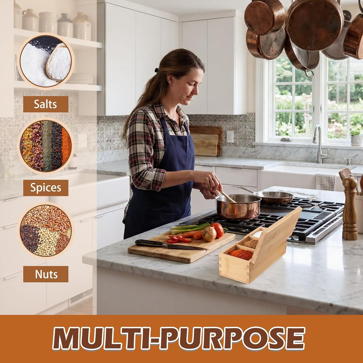 Acacia Wood Salt Cellar Spice Box with Magnetic Lid 29oz Large Capacity Salt Organizer 3 Compartments for Kitchen Countertop, Pepper, Seasonings, Spices, Grilling & Cooking