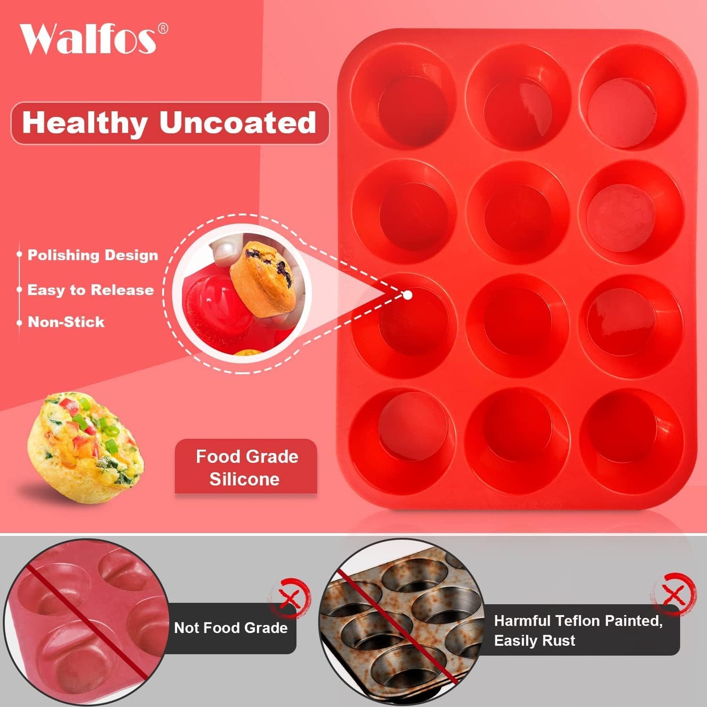 Walfos Silicone Cupcake Pan Set, 2-Piece Mini 24 Cups Muffin Baking Pan, BPA Free and Dishwasher Safe, Non-stick , Great for Making Muffin Cakes, Fat Bombs