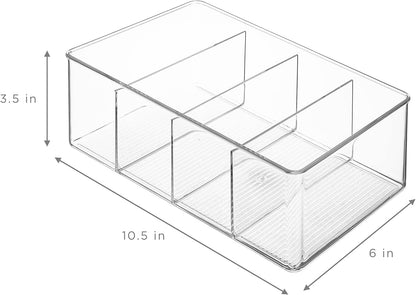 Sorbus Storage Bins with Dividers - Clear Plastic Organizer - Store Tea Bags, Spices, Seasonings, Drink Packets, Oatmeal - Snack Storage & Display Containers for Kitchen & Pantry (4 Pack)