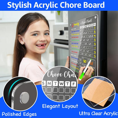 PigPotParty Acrylic Magnetic Chore Chart for Adults, 12x9.5 Inch Clear Dry Erase Chore Board for Fridge, Daily Weekly and Notes Sections, Pre-Installed Embedded Magnets, 8 Fine-tip Markers and Towel