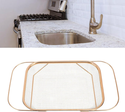 Over The Sink Colander, Stainless Steel Expandable Baskets with Handles Rectangle Kitchen Fine Mesh Strainer Basket for Strain Drain Rinse Fruits Vegetables (Gold)