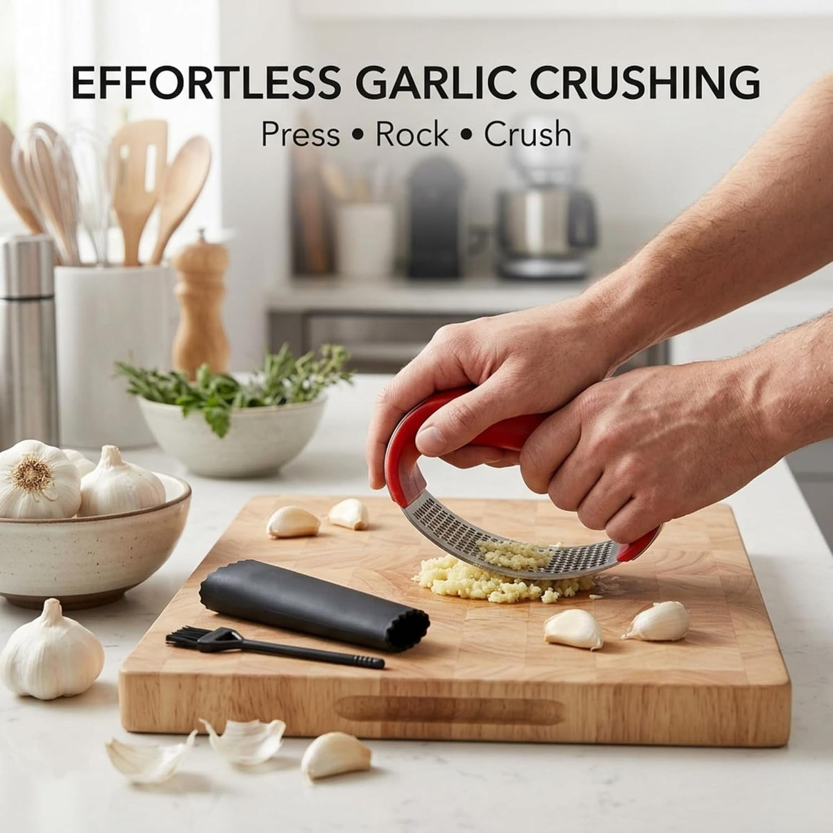 Angel's Peel Lounge Stainless Steel Garlic Press Rocker Set with Silicone Garlic Peeler & Cleaning Brush – Garlic Chopper, Mincer, Grater, Crusher – Easy for Crushed Cloves – Rust-Resistant, Black