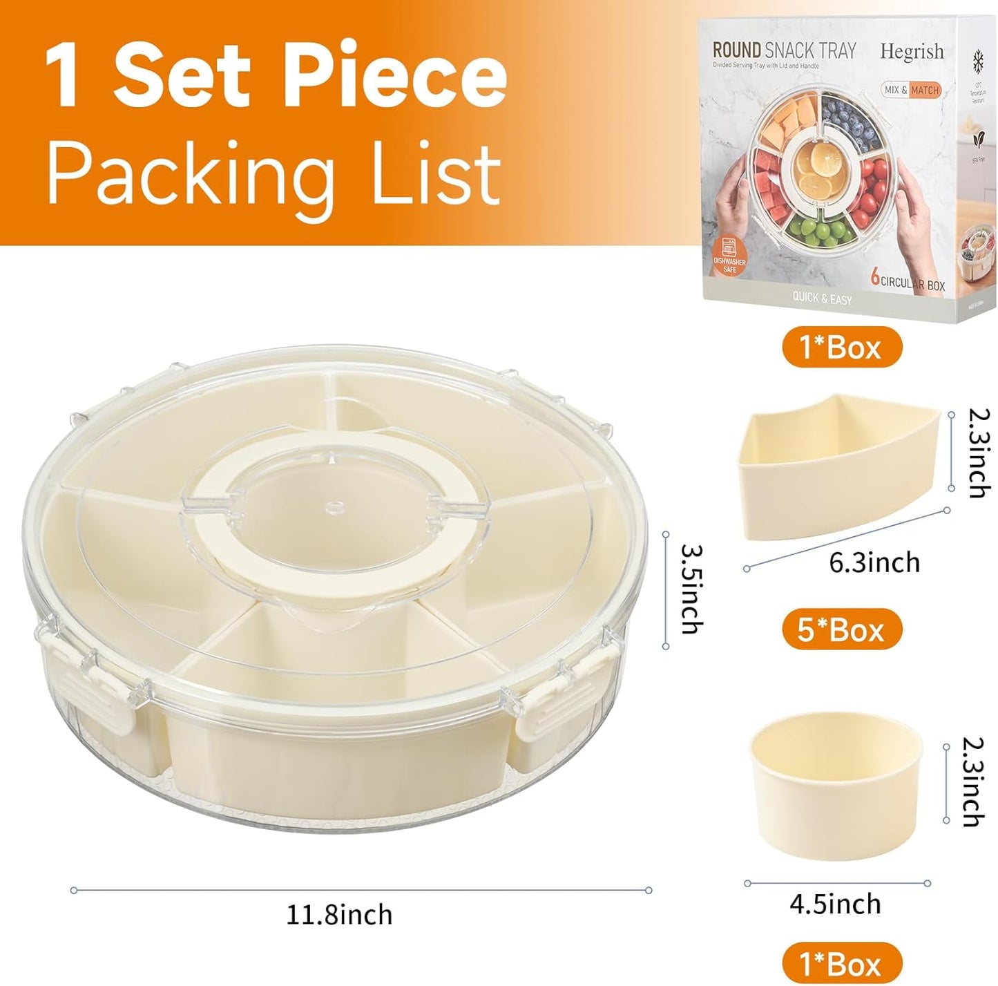 Dishwasher Safety -Divided Rotating Serving Tray with Lid and Handle,Portable Snackle Box for Fruits Snacks Charcuterie,Clear Organizer and Fridge Storage Container,Veggie Platters for Adults Child