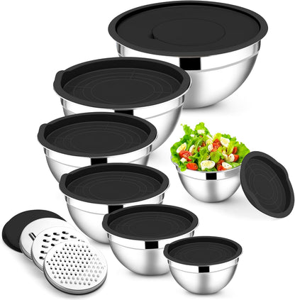 E-far Stainless Steel Mixing Bowls with Lids Set, 5-Piece Nesting Salad Bowls with 3 Grater Attachments and Non-Slip Bottoms, Size 4.6, 2.6, 2, 1.5, 1QT for Kitchen (Khaki)