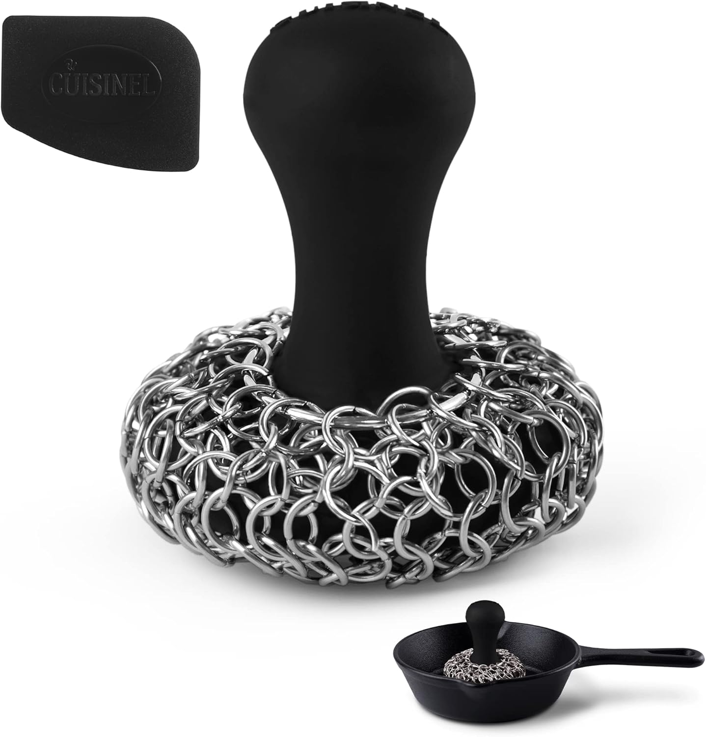 Cuisinel Cast Iron Scrubber Cleaning Brush + Pan/Grill Scraper - Skillet and Grill Cleaner Kit - Soft-Touch Confident-Grip Dish Scrub Tool - Tough on Grease, Gentle on Metal and Non-Stick Cookware