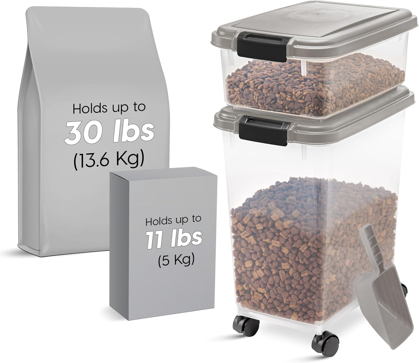 IRIS USA Dog Food Storage Container 30 lb + 11lb Airtight Combo, Stackable Pet Food Storage Bin with Wheels for Cat Dog Food, BPA Free, Made in USA, Black