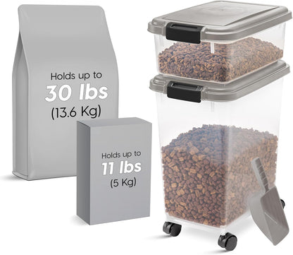 IRIS USA Dog Food Storage Container 30 lb + 11lb Airtight Combo, Stackable Pet Food Storage Bin with Wheels for Cat Dog Food, BPA Free, Made in USA, Black