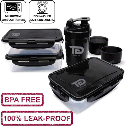 TO GO Meal Prep Bag Insulated Lunch Meals Bag W/6 Portion Control Containers,2 ICE PACKS, Shaker, Pill Box,With an Adjustable shoulder. bag for meals (Black)