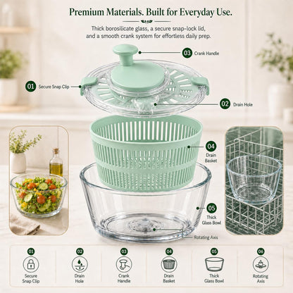 Large 5.2 Qt Glass Salad Spinner with Storage Lid Glass Bowl Black