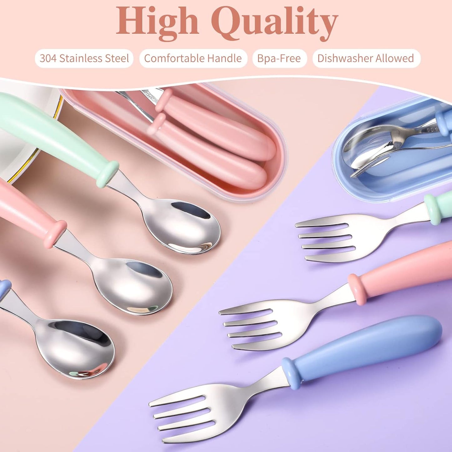 Toddler Utensils, Toddler Forks and Spoons,Stainless Steel Baby Utensils Baby Silverware Set with Storage Box for Safe Dining (3 Set with Case)