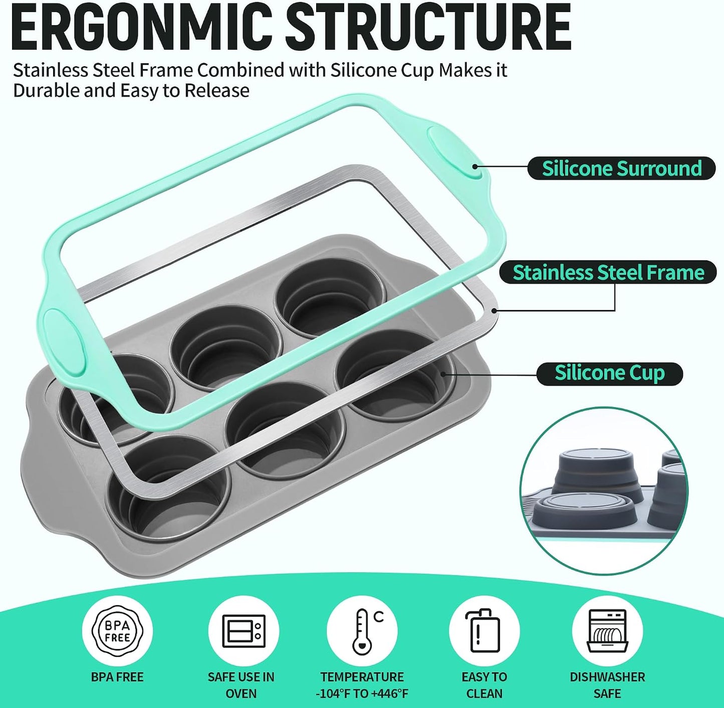 Muffin Pans for Baking 6 Cups, Silicone Foldable Muffin Pan with Metal Frame, Collapsible Cupcake Pan, Egg Bite Molds, Muffin Tin Tray for Baking Homemade Brownies Puddings (2)