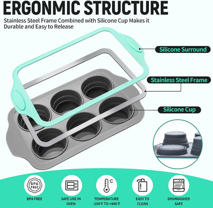 Muffin Pans for Baking 6 Cups, Silicone Foldable Muffin Pan with Metal Frame, Collapsible Cupcake Pan, Egg Bite Molds, Muffin Tin Tray for Baking Homemade Brownies Puddings (2)