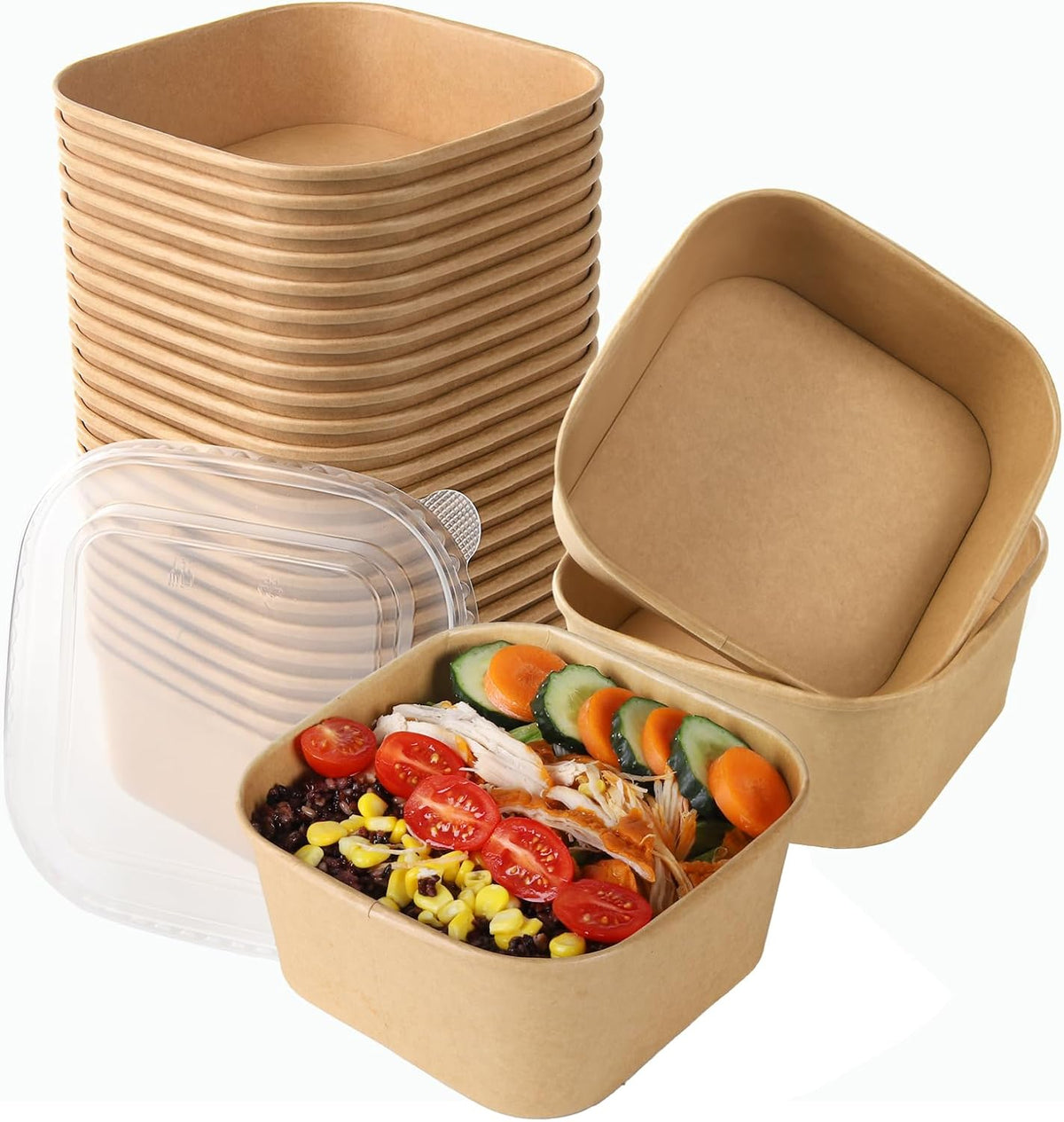 50 Sets 25oz Disposable Kraft Paper Bowls with Lids, Rectangle