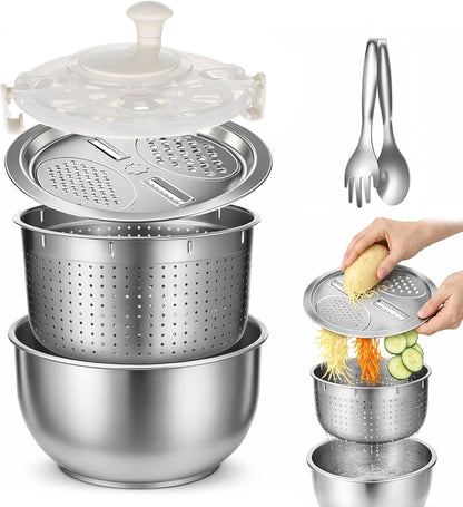Stainless Steel Salad Spinner Set with Grater and Food Clip, 6L Large Metal Salad Spinner, Fruit Vegetable Dryer with Built-in Drain Spout for Dehydrating Fruit and Vegetable, Pasta (Silver)